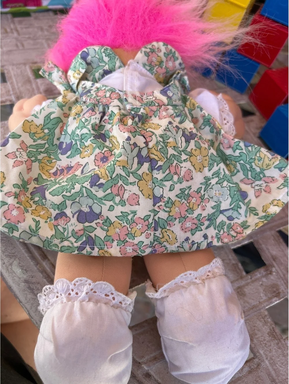 Vintage Russ Troll Doll with Pink Hair and Floral Dress